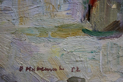 Textured impasto oil painting of still life with branches in bottle