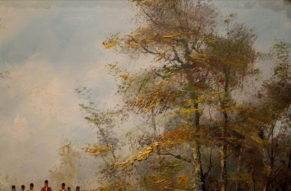 Oil painting of soldiers on winter road with autumn trees in mist