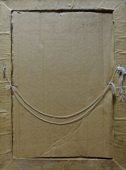 Back of framed oil painting Natural landscape by Konovalyuk Fedor Zotikovich with string and nails on cardboard