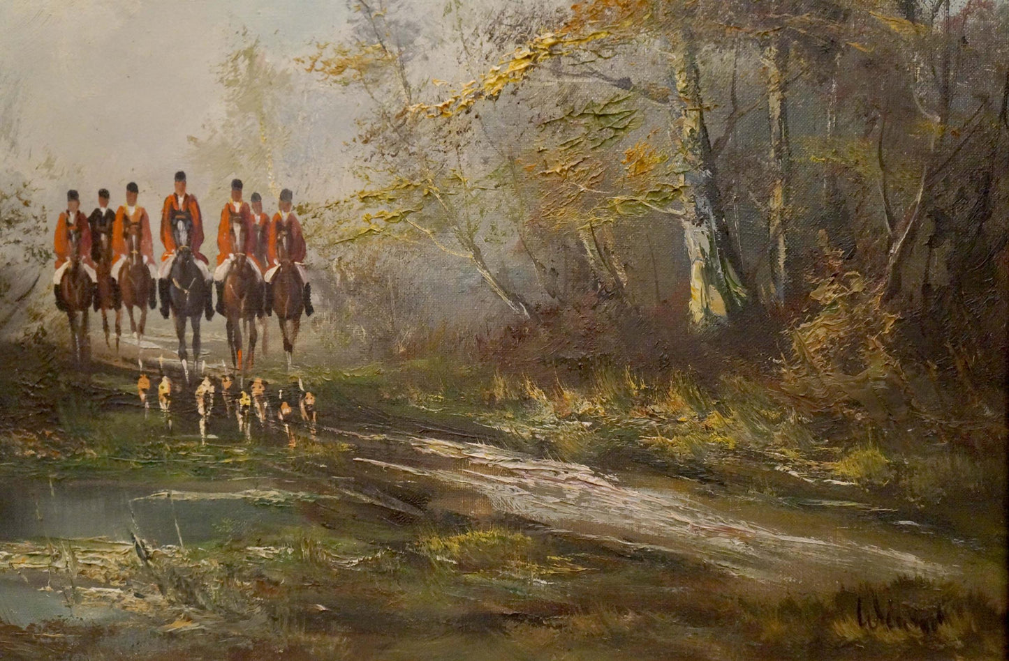 Oil painting of soldiers in orange coats on horseback with hounds in misty winter forest