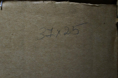 Back of Konovalyuk Fedor Zotikovich oil painting with 37 x 25 handwritten measurement on beige paper