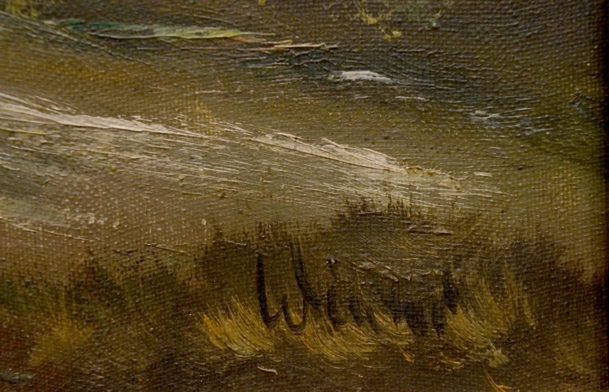 Textured oil painting of soldiers on winter road in earthy tones