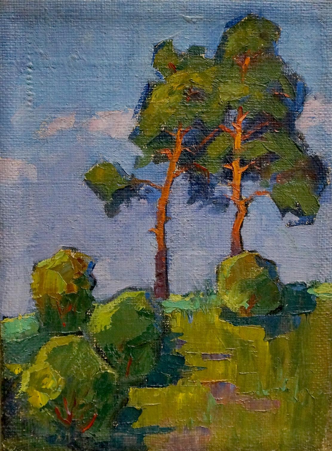 Oil painting by Homko Alexander of two tall pine trees landscape