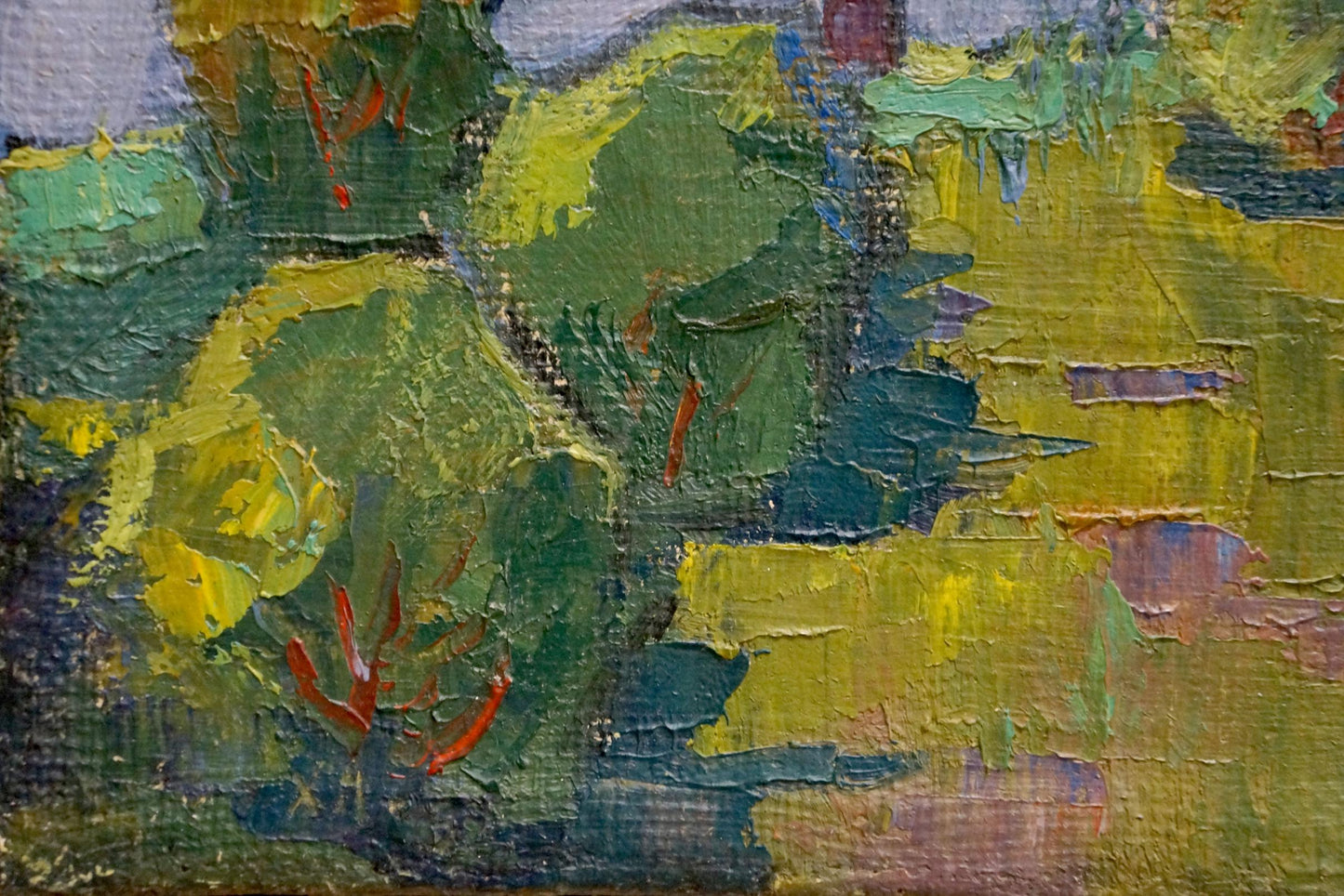Oil painting landscape of trees by Homko Alexander, textured green yellow brushstrokes