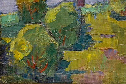 Oil painting landscape of trees by Homko Alexander, textured green yellow brushstrokes