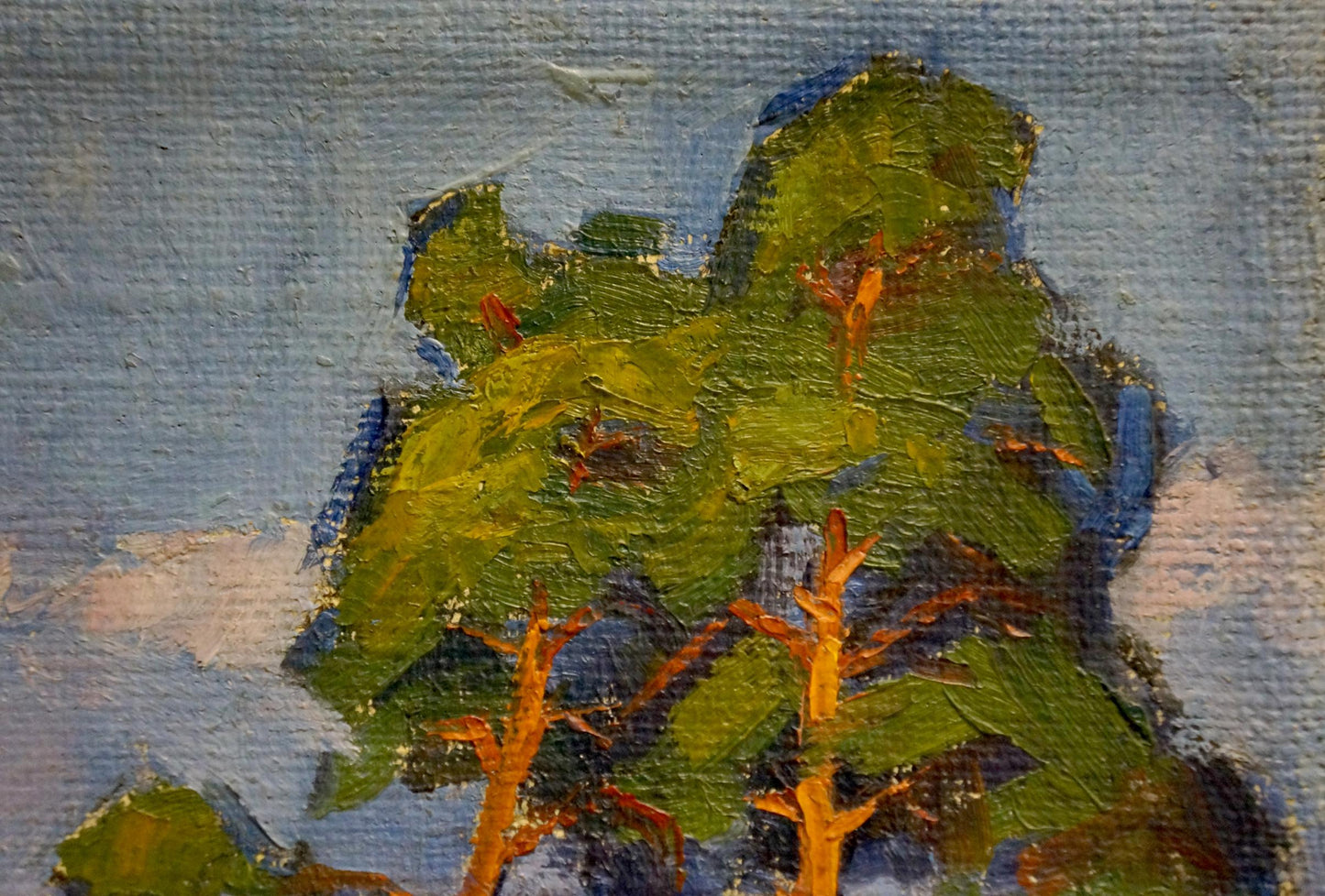 Oil painting by Homko Alexander: textured green trees with orange-brown trunks on blue sky