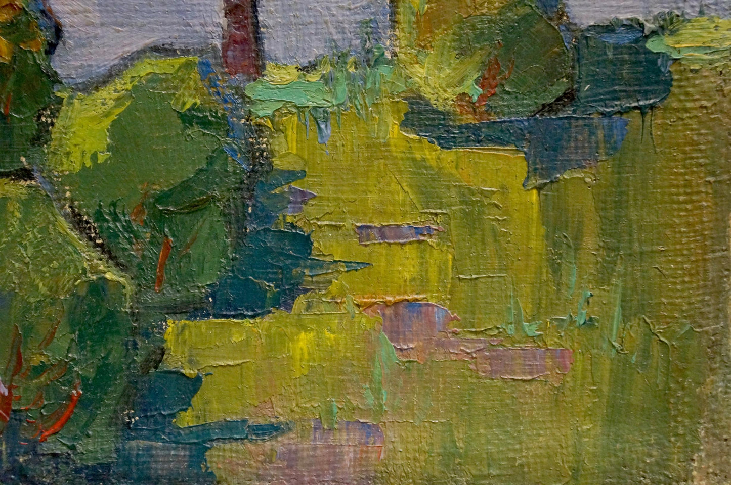 Oil painting landscape of trees by Homko Alexander in green, yellow, blue