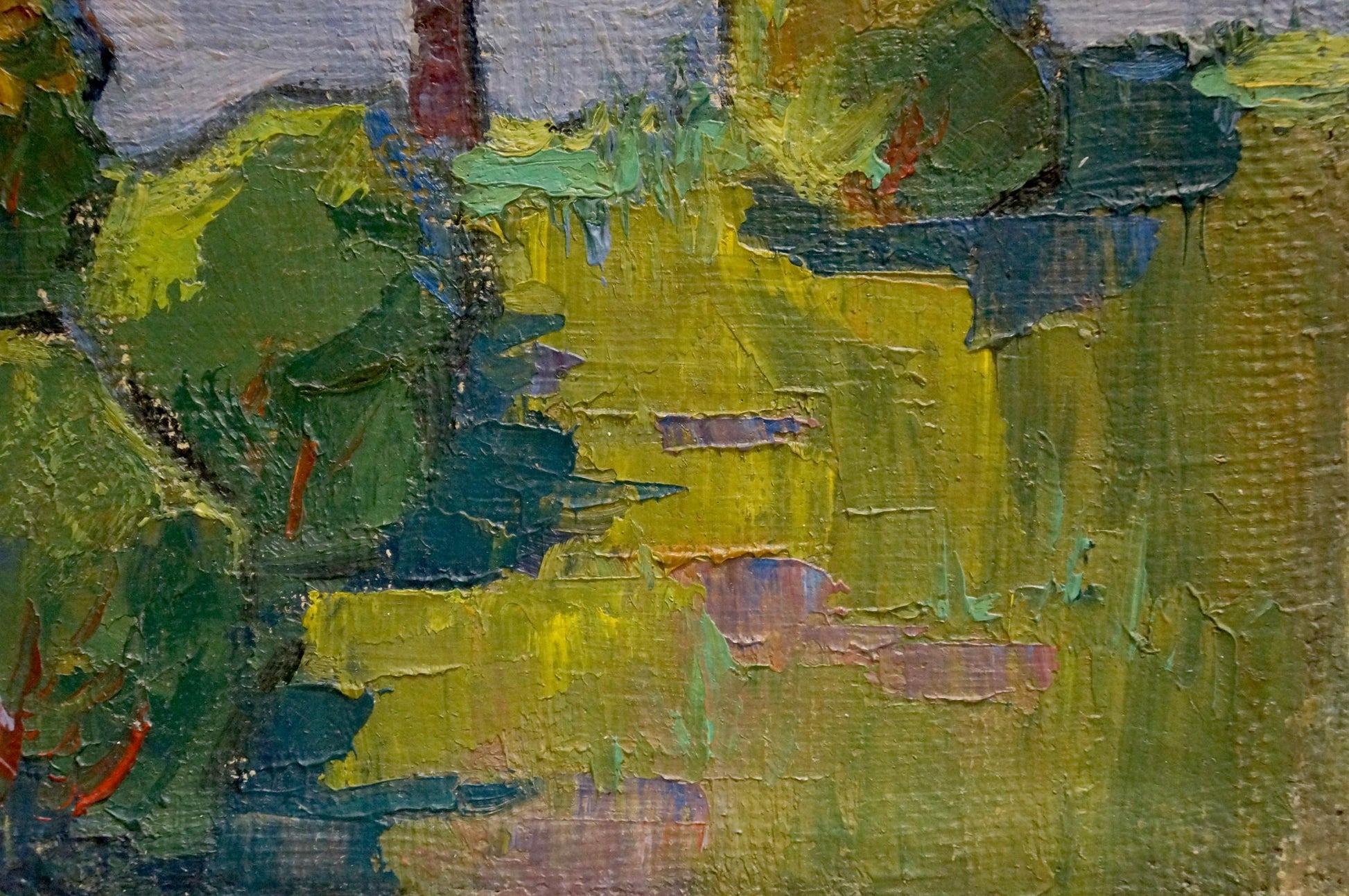 Oil painting landscape of trees by Homko Alexander in green, yellow, blue