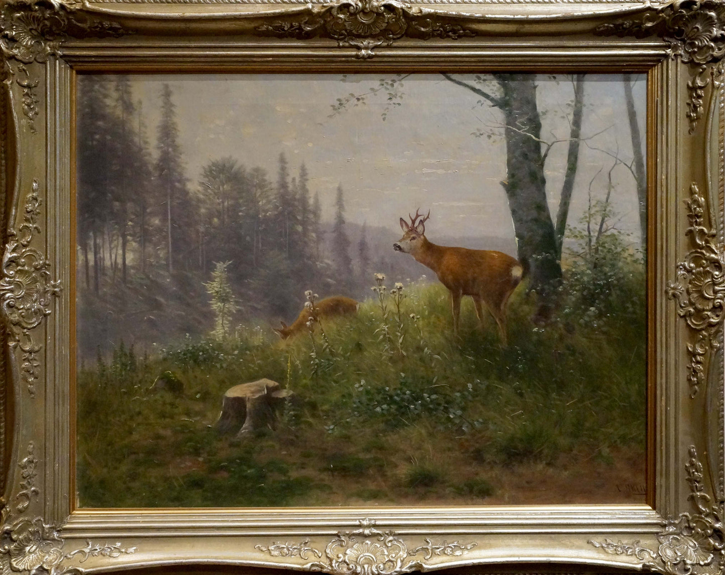 Ornate gold-framed oil painting of deer in misty forest by Louis Skell