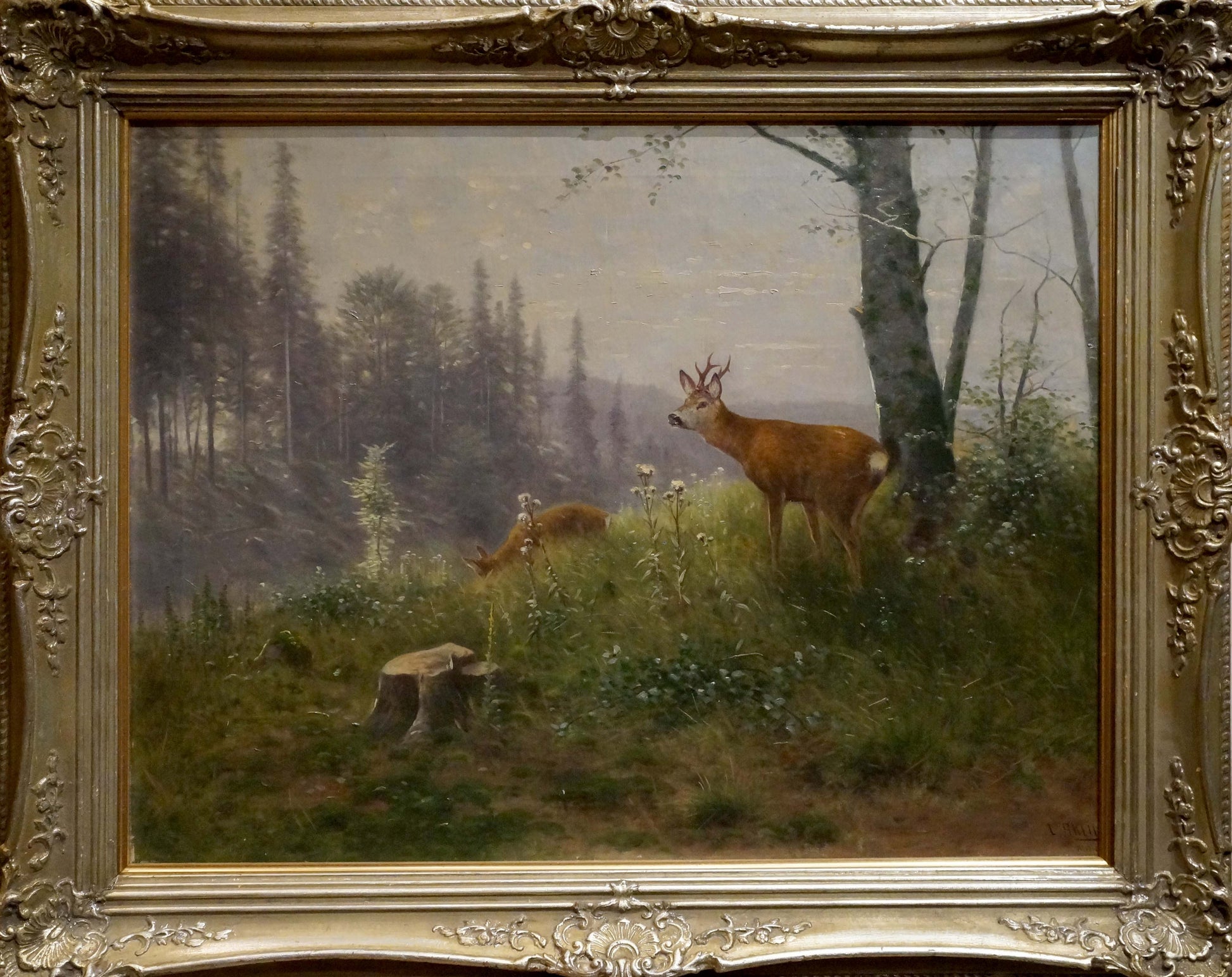 Ornate gold-framed oil painting of deer in misty forest by Louis Skell