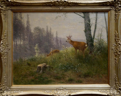 Ornate gold-framed oil painting of deer in misty forest by Louis Skell
