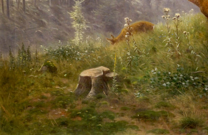 Oil painting of brown deer grazing in misty forest by Louis Skell