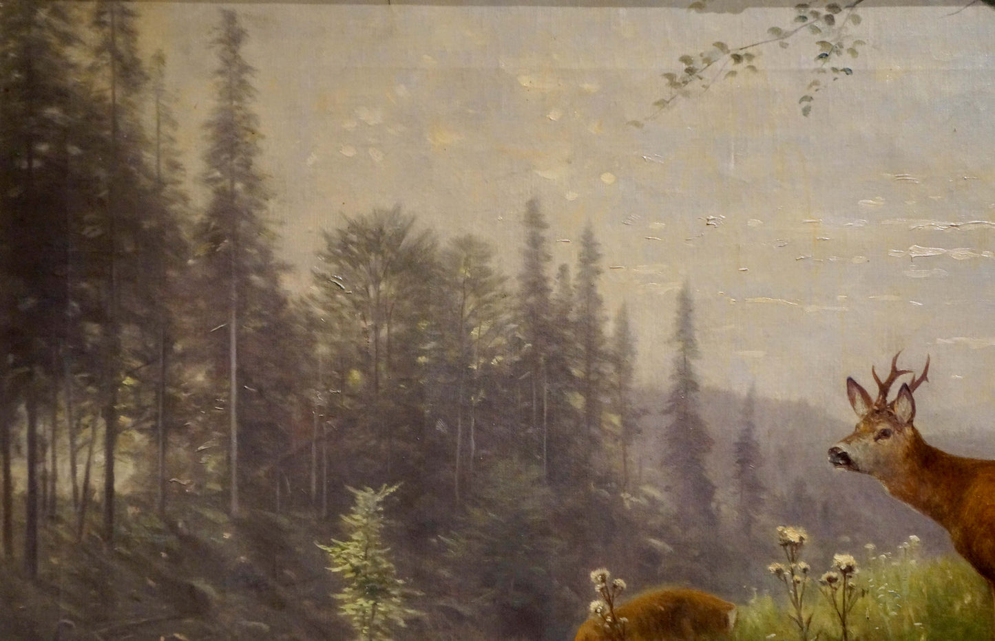Oil painting Deer in the forest by Louis Skell: antlered deer in misty woods