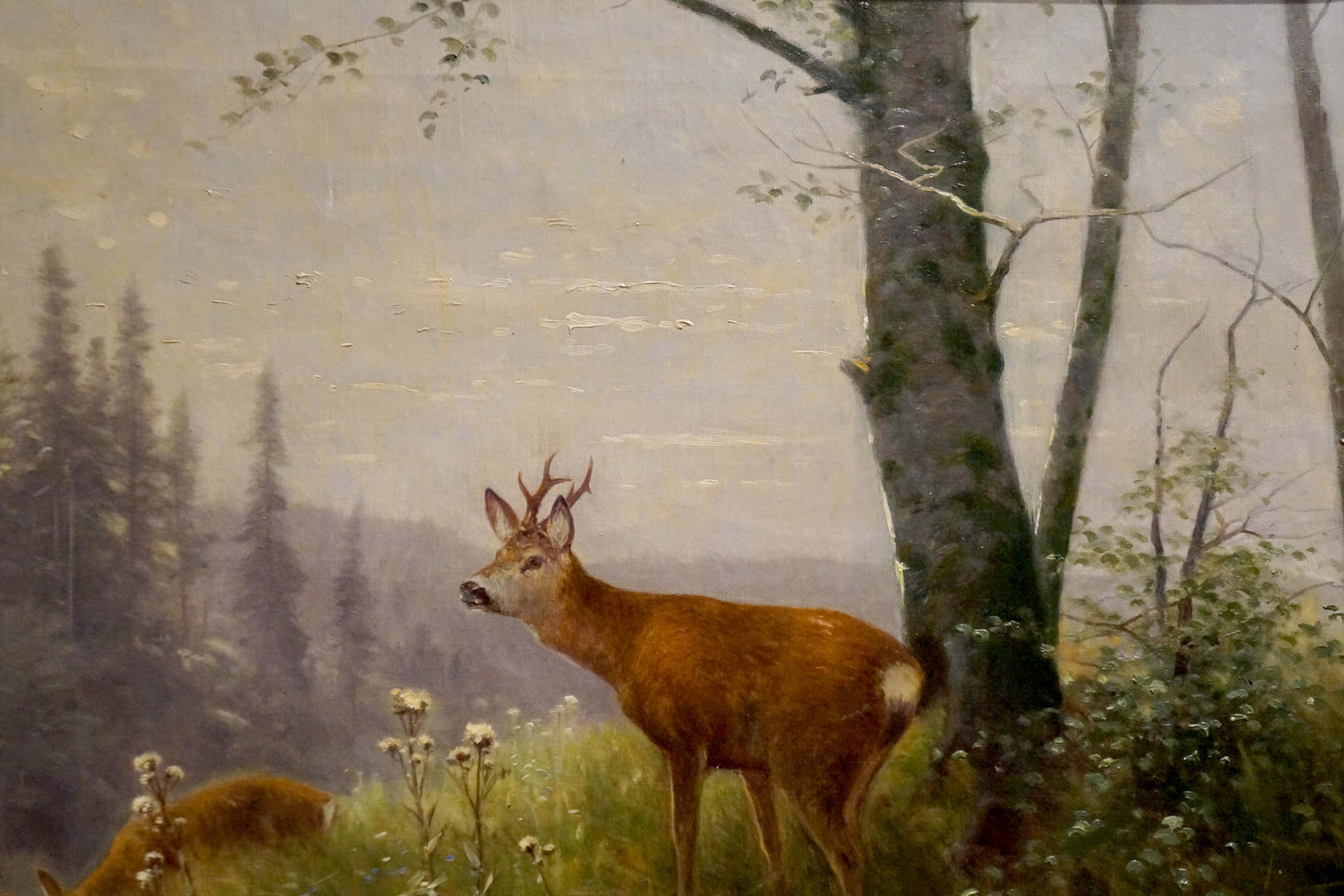 Oil painting of deer in forest by Louis Skell