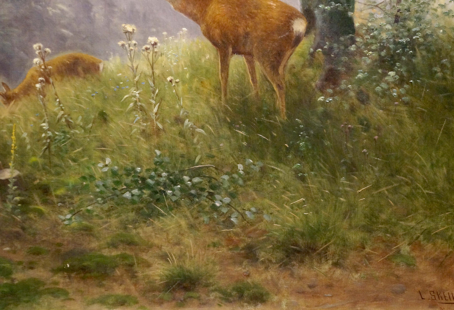 Oil painting of two deer in lush forest meadow by Louis Skell