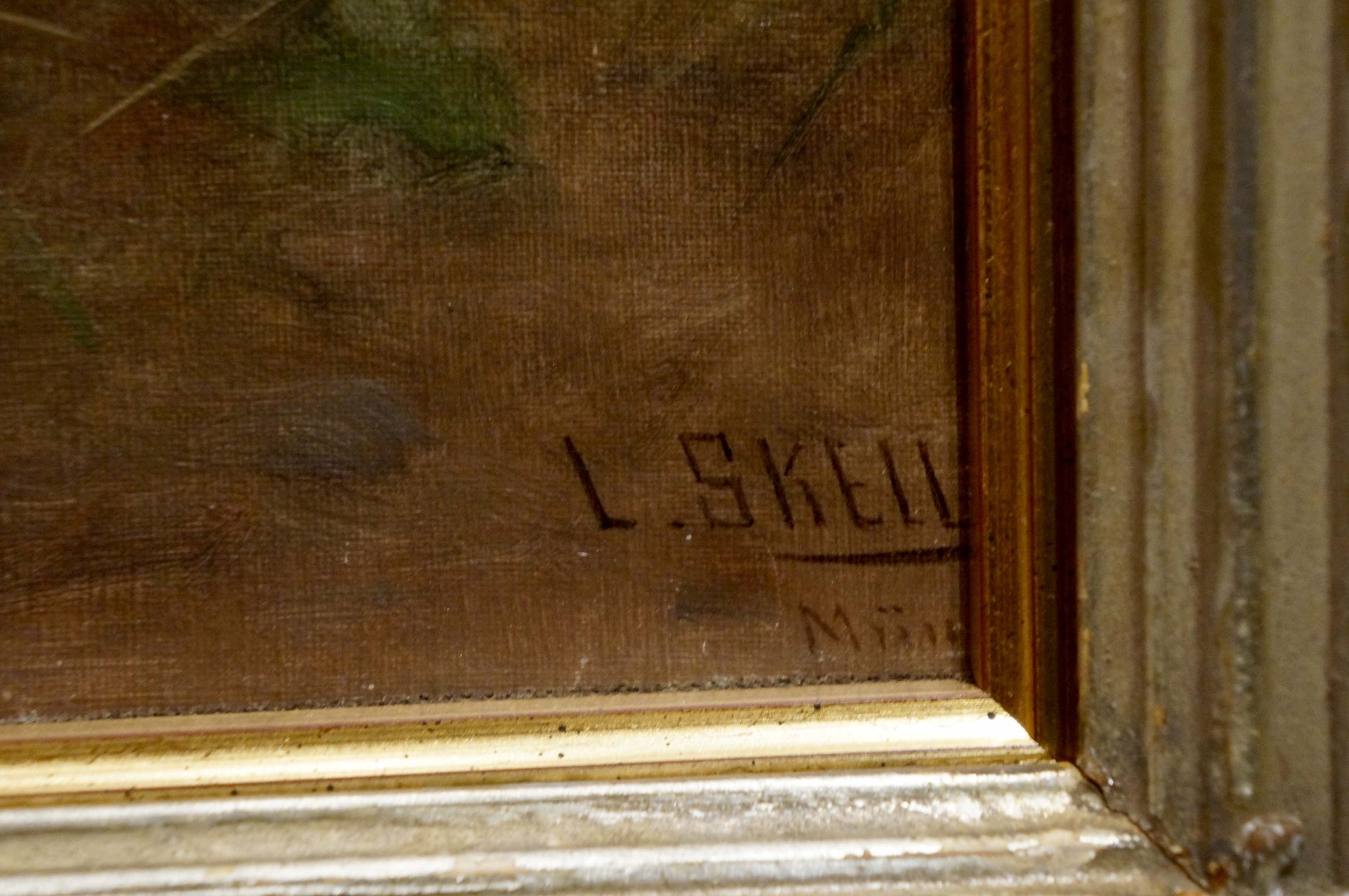 Back of oil painting Deer in the forest by Louis Skell with l. signature on textured canvas