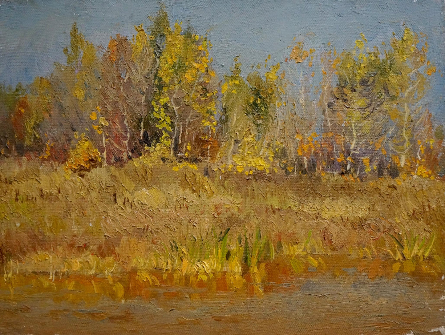 Oil painting Autumn Chernyshevsky by Petr Akimovich, golden trees in calm waters