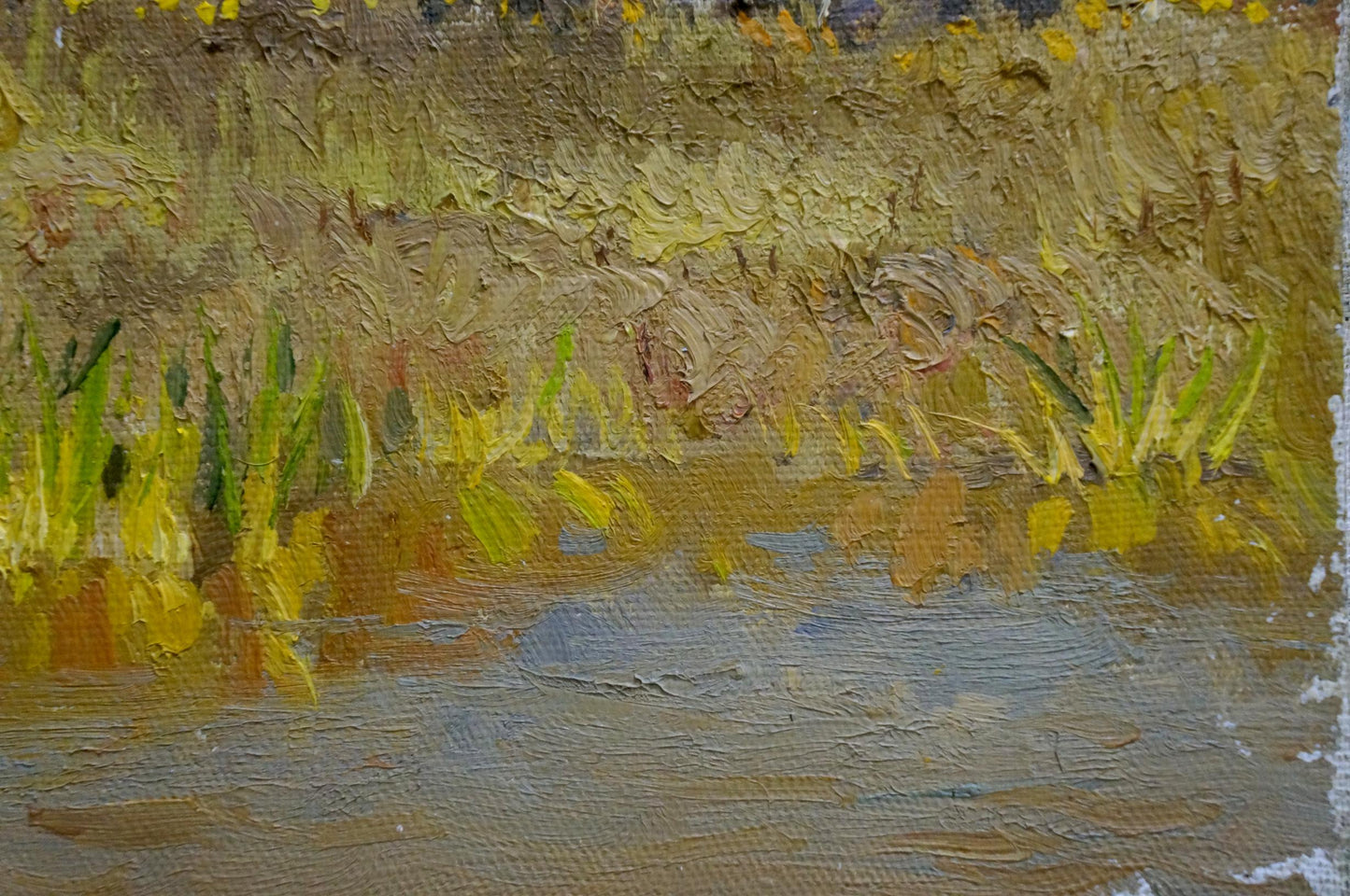 Oil painting Autumn Chernyshevsky by Petr Akimovich: tall grasses by blue water