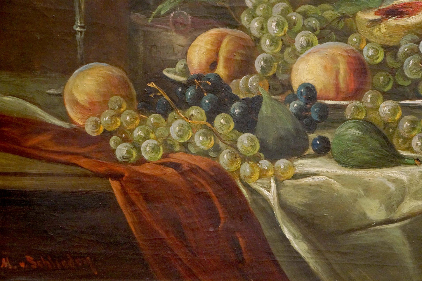 Oil painting Fruit on the table Schlieden M. with grapes, peaches and figs