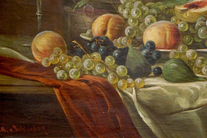 Oil painting Fruit on the table Schlieden M. with grapes, peaches and figs
