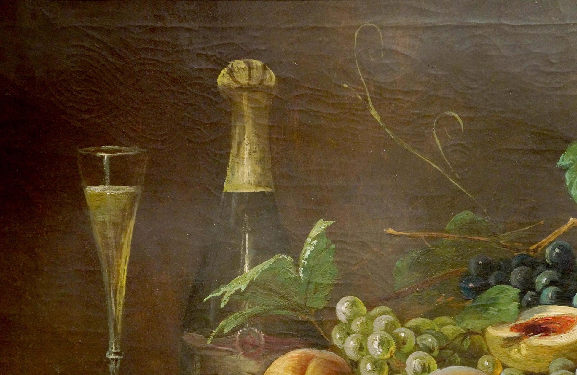 Dark green wine bottle with gold foil neck beside champagne flute in Schlieden M oil painting