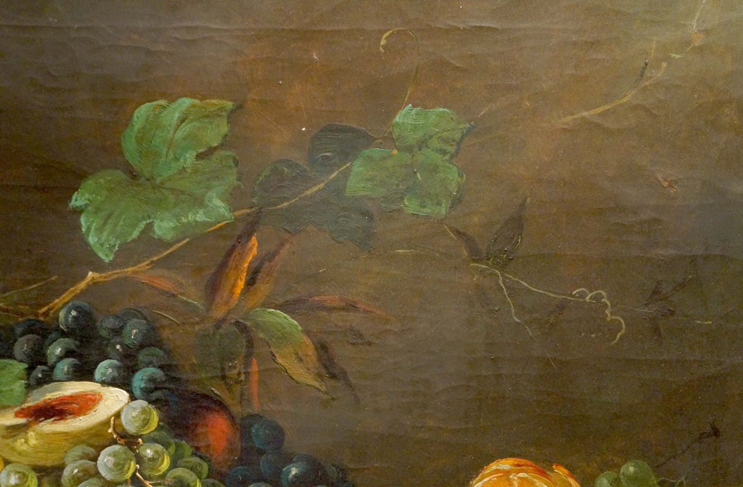 Oil painting Fruit on the Table by Schlieden M. with grapes, peach, oranges
