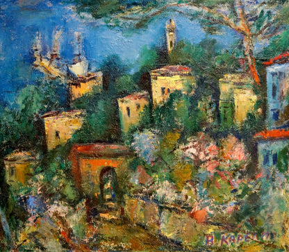 Vibrant impressionist oil painting by Karelin Vyacheslav Dmitrievich of Mediterranean village