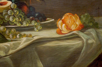 Oil painting of peeled orange on table by Schlieden M