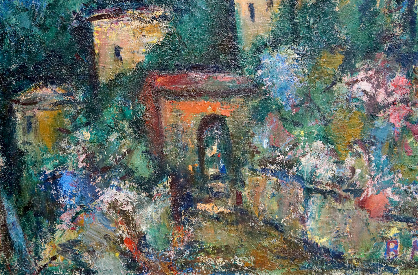 Vibrant impressionist oil painting by Karelin Vyacheslav Dmitrievich of sun-dappled village in lush greenery