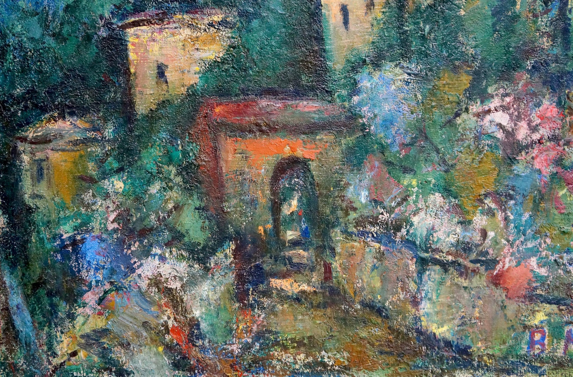 Vibrant impressionist oil painting by Karelin Vyacheslav Dmitrievich of sun-dappled village in lush greenery