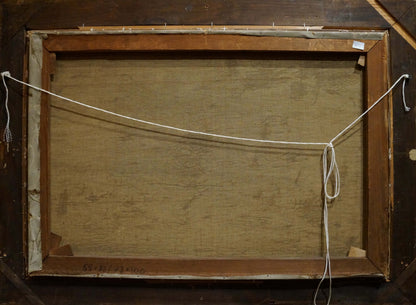 Back of wooden picture frame with light brown finish, white rope, Oil painting Fruit on the table Schlieden M