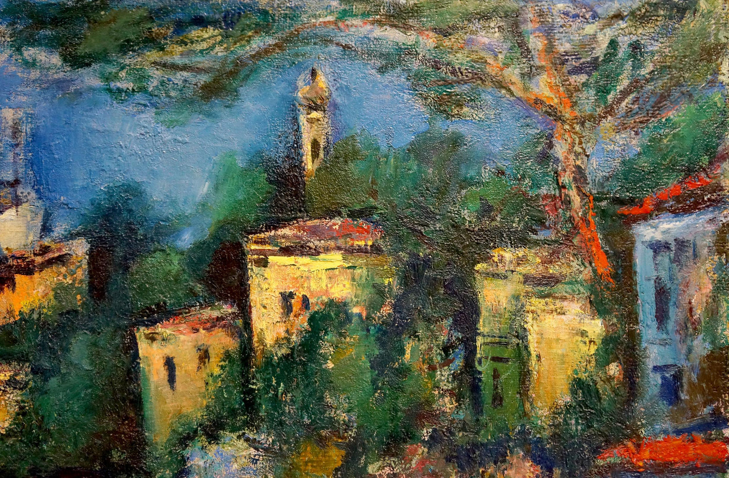 Vibrant impressionist oil painting by Karelin Vyacheslav Dmitrievich of sunlit village