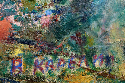 Abstract oil painting City by Karelin Vyacheslav Dmitrievich, textured green blue hues