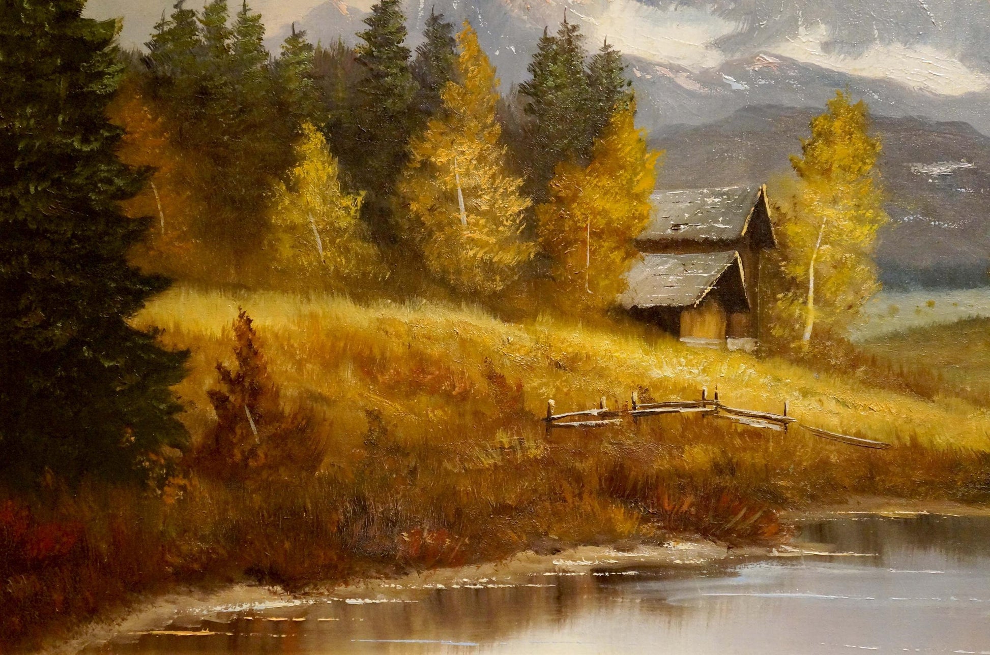 Oil painting Away from Everyone Kubass J: rustic cabin by serene lake in autumn trees