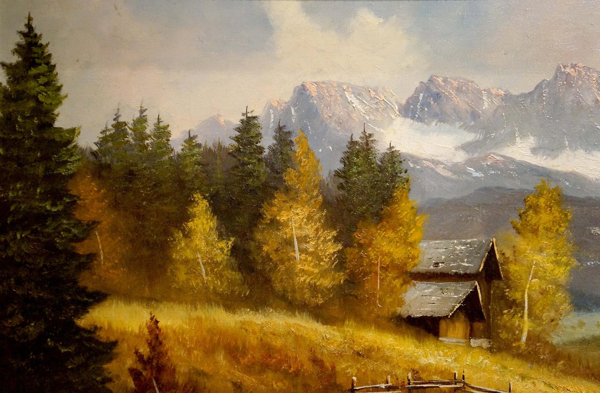 Rustic wooden cabin oil painting Away from everyone Kubass J. amid autumn trees and mountains