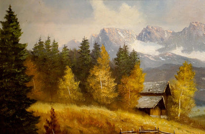 Rustic wooden cabin oil painting Away from everyone Kubass J. amid autumn trees and mountains