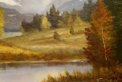 Autumnal oil painting Away from everyone Kubass J. with golden grasses lake mountains