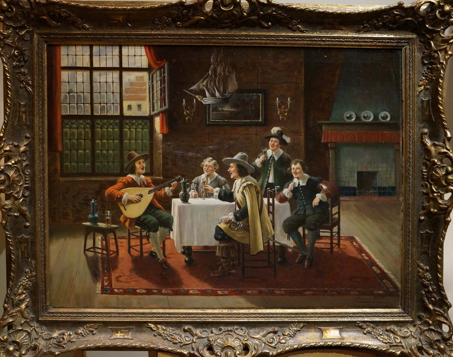 Oil painting Friends gathered: men in 17th-century attire playing lute