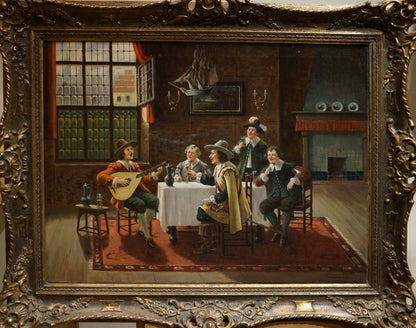 Oil painting Friends gathered: men in 17th-century attire playing lute