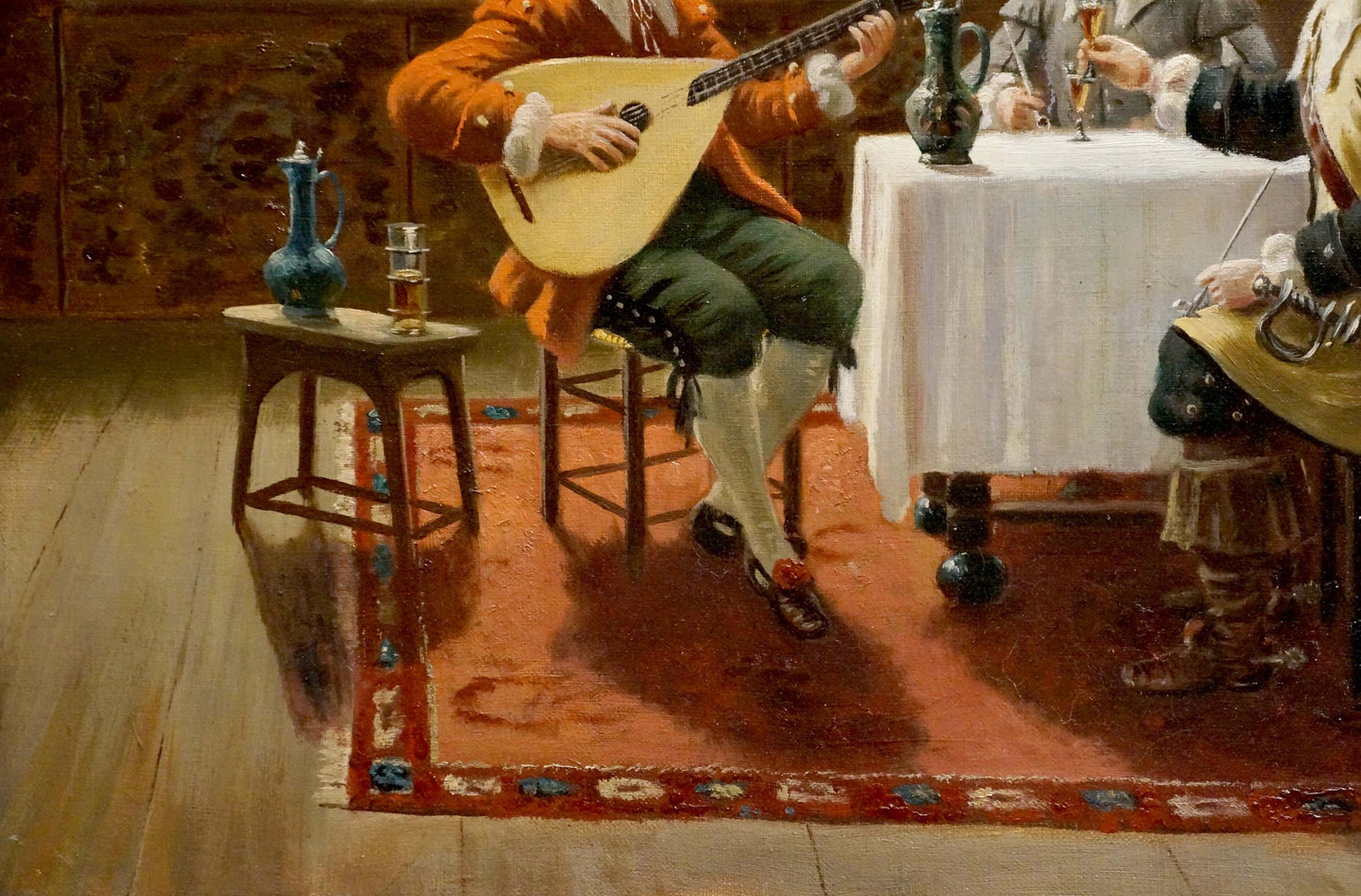 Musician in orange coat plays lute in Oil painting Friends gathered