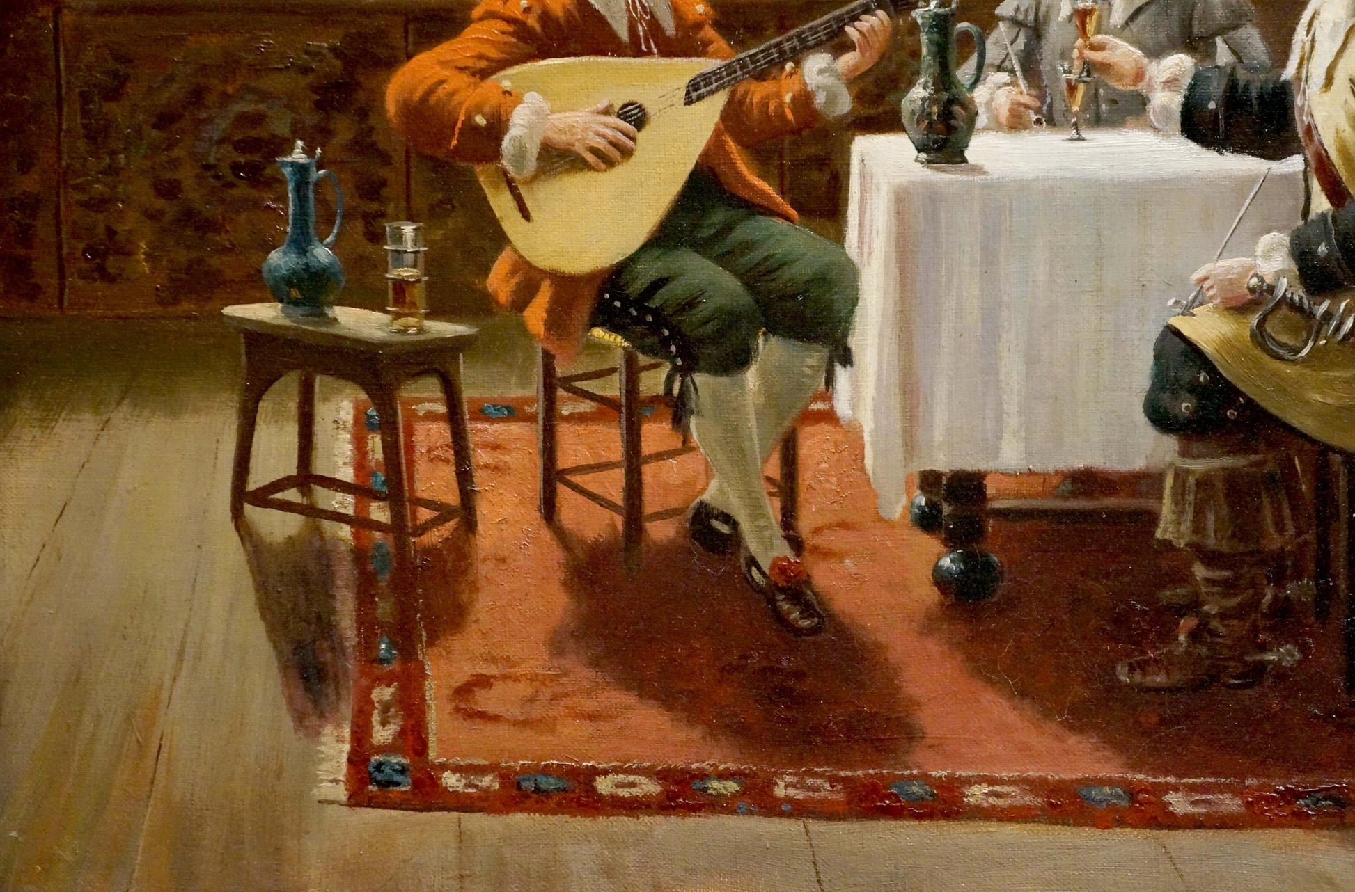 Musician in orange coat plays lute in Oil painting Friends gathered