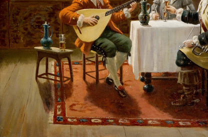Musician in orange coat plays lute in Oil painting Friends gathered