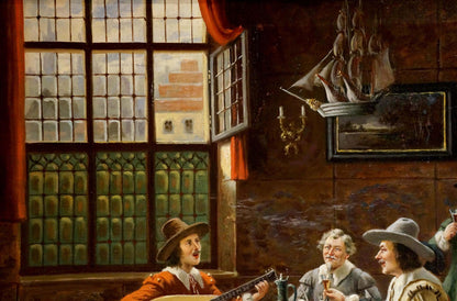 Oil painting of friends gathered: 3 men in 17th-century attire, lute and beer