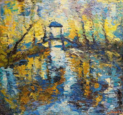 Oil painting Off the Coast by Dupliy Sergey Alexandrovich, blue pavilion in autumn reflection