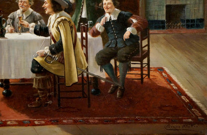 Oil painting Friends gathered: red rug with blue gold borders under table