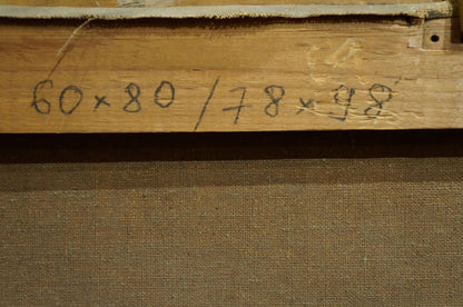Back of Oil painting Friends gathered canvas with wooden stretcher bar and handwritten dimensions in black ink