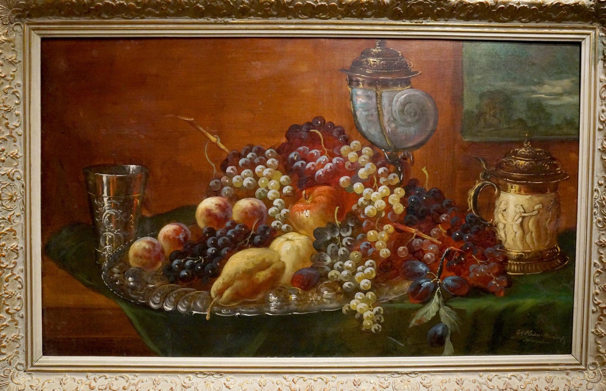 Oil painting Still life Huber Ed. with grapes, peaches, pears, apples