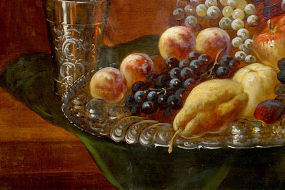 Oil painting Still life Huber Ed. with silver tray of peaches grapes pears