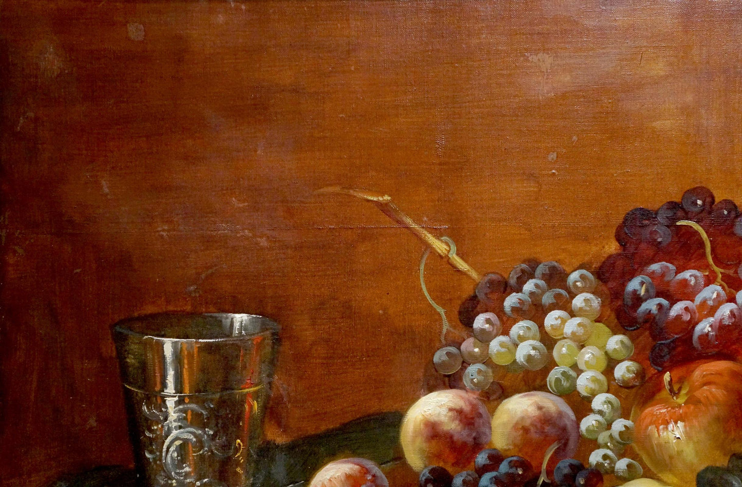 Oil painting Still life Huber Ed. with engraved silver cup, grapes, peaches