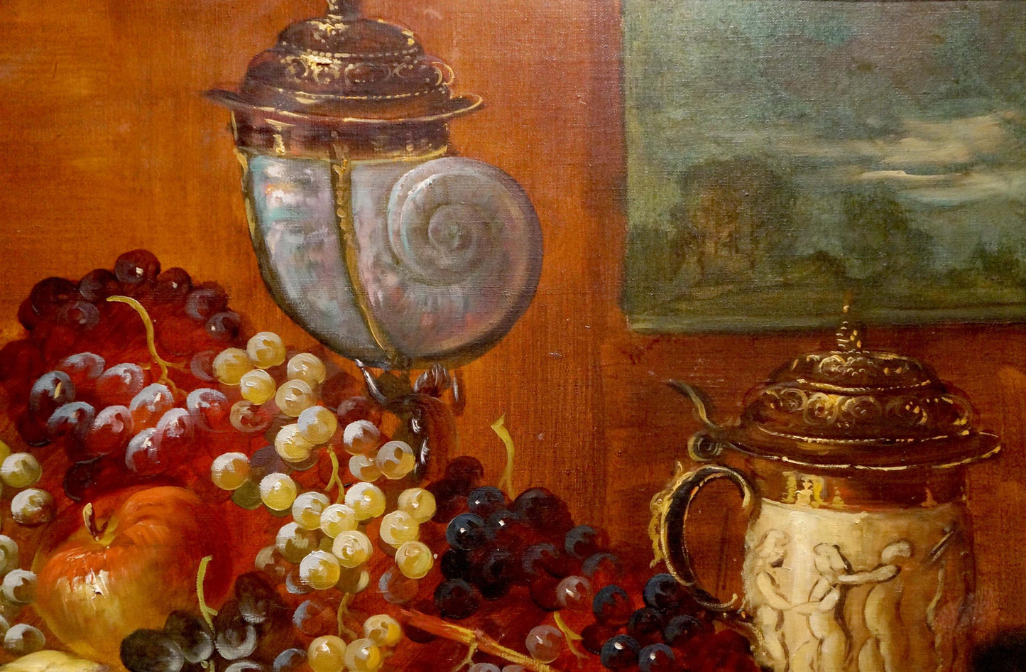 Oil painting Still life Huber Ed. with ornate silver snail shell container